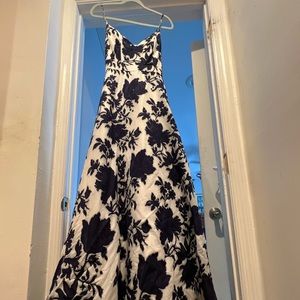 Navy and white floral evening gown